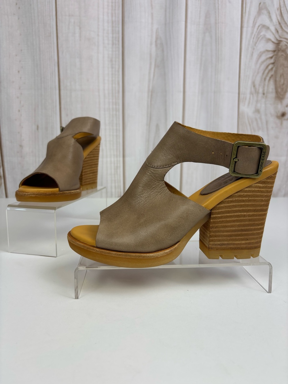 Kork-Ease Linden Leather Block Heel Sandals Boho Versatile Modern Retro Taupe 7M